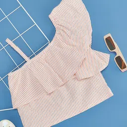 Pantaloons Junior One Shoulder Striped Top - Papaya Peach-picture-28