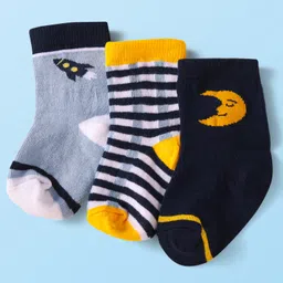 Cute Walk by Babyhug Knit Ankle Length Socks With Space Theme Design Pack of 3 - Grey Yellow & Navy Blue-picture-18