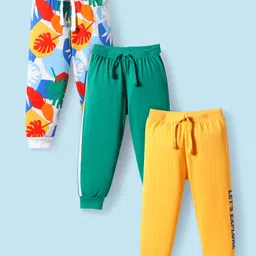 Babyhug Single Jersey Knit Full Length Lounge Pant Leafy Print & Tape Detailing Pack Of 3 - Yellow White & Green-picture-23