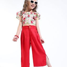 Ollington St. Cotton Floral Printed Flutter Sleeves Top & Rayon Twill Culotte Pant Set - White & Red-picture-30