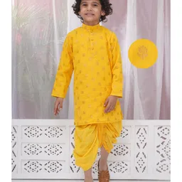 Little Bansi Cotton Full Sleeves Floral Foil Motifs Printed Kurta Dhoti Set - Haldi Yellow-picture-15