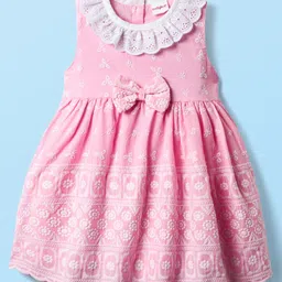Babyhug Cotton Woven Sleeveless Floral Embroidered Frock With Lace Detailing & Bow Applique - Light Pink-picture-20