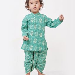 Campana 100% Cotton Woven Full Sleeves Block Printed Dhoti Kurta Set - Turquoise Blue-picture-49