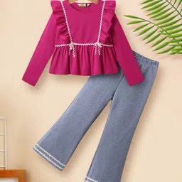 Tiara 100% Cotton Jersey Knit Full Sleeves Frill Detailed & Lace Embellished Top With Bell Bottom Pant Set - Pink-picture-20