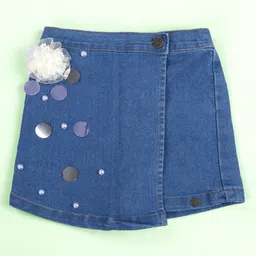 Kiddopanti Denim Woven Flower Applique & Mirror Work Detailed - Medium Blue & Yellow-picture-26