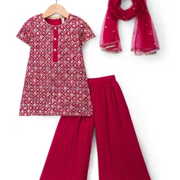 Babyhug Georgette Woven Half Sleeves Kurta Palazzo Set With Sequin Detailing & Dupatta - Dark Pink-picture-32
