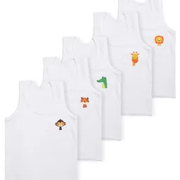 Superminis Cotton Knit Pack Of 5 Sleeveless Animals Printed Vests - White-picture-19