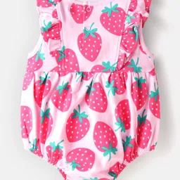Babyhug 100% Cotton Knit Frill Sleeves Strawberry Printed Onesie - Pink image 2