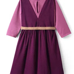 Hola Bonita Cotton Knit Three Fourth Sleeves Solid Dress with Belt - Wine image 2