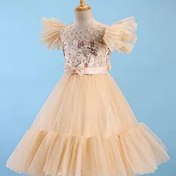 Mark & Mia  Frill Sleeves Three Fourth Embroidered  Party Frock with Beads Detailing & Bow Applique - Lotus Pink image 5