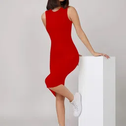TOOCHKI Red Solid Round Neck Stretchable Midi Bodycon Dress image 5
