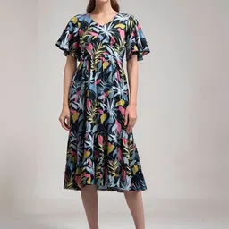 DressBerry Floral Printed Flared Sleeve Layered Crepe Empire Midi Dress-picture-10