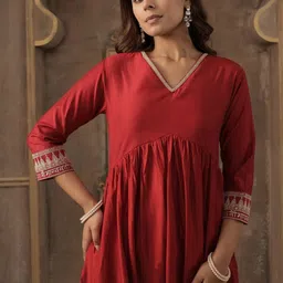 Indo Era Women Solid A-Line Kurta with Trousers-image-42