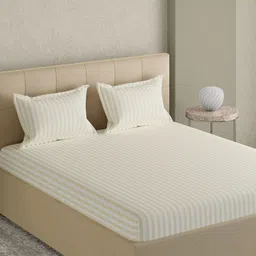 GM Off White & Beige Striped 300 TC King Bedsheet with 2 Pillow Covers image 1