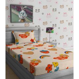 Hosta Homes 280 GSM Glaced Cotton Cartoon Printed Double Bed Sheet With 1 Pillow Cover - Beige-picture-47