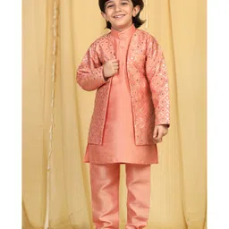 AJ Dezines Boys Full Sleeve Sequinned Embellished Indo Western Kurta Set - Peach-picture-12