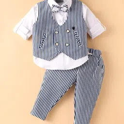 Dapper Dudes Full Sleeves Solid Shirt With Striped Waistcoat Pant & Bow Set - Navy Blue-picture-35