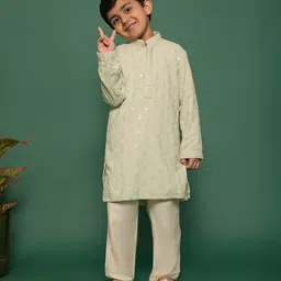 Vastramay Rayon Full Sleeves Threadwork Embroidered Sequins Embellished Kurta Pyjama Set - Pista Green-picture-26