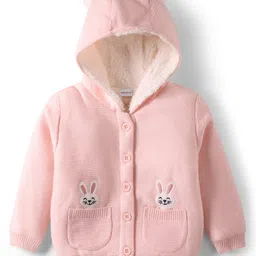 Babyhug Knitted Full Sleeves Front Open Hooded Sweater With Bunny Embroidery - Pink image 1