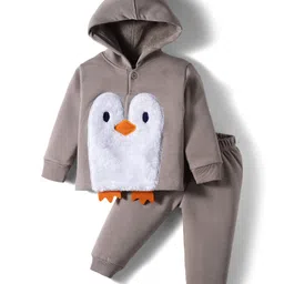 Little Darlings Fleece Knit Full Length Winter Wear Hooded T-Shirt & Lounge Pant Set With Bird Embroidery & Leg Applique - Grey-image-35