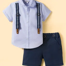 ToffyHouse Cotton Woven Half Sleeves Solid Party Shirt & Shorts Set With Attached Suspender & Bow - Navy Blue-picture-23