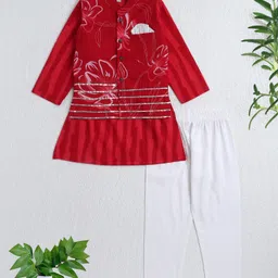 The Magic Wand Cotton Woven Full Sleeves Leheriya Printed Kurta Pyjama With Lace Embellished Modi Jacket Set - Red-image-55