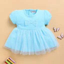 Wonderchild Half Puffed Sleeves Bow Applique Detailed & Glitter Printed Knee Length Dress - Light Firozi-picture-18