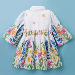 Twetoons Cotton Woven Full Sleeves Collar Neck Frock With Floral Print & Belt - White image 2