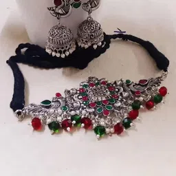 SZN Artificial Stone Studded & Beaded Oxidised Jewellery Set-picture-48