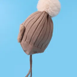 Babyhug Woollen Cap With Knot Bear Applique - Brown image 5