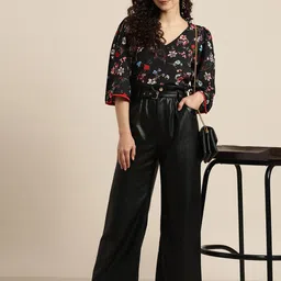 Qurvii Women Black & Multicoloured Floral Print Flared Sleeves Crepe Top image 5