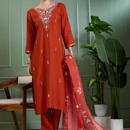 FASHOR Women Floral Embroidered Regular Thread Work Kurta with Trousers & With Dupatta image 3