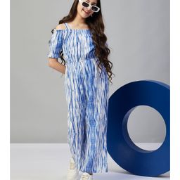 stylobug Stylo Bug Cold Shoulder Puffed Sleeves Shibori Tie & Dye Jumpsuit - Blue-picture-22