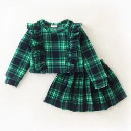 Crayonflakes Polar Fleece Full Sleeves Plaid Checked & Frill Detailed Top With Coordinating Skirt - Green-picture-13