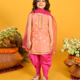 Saka Designs By Sapna Sleeveless Sequin Lace & Polka Dots Designed Foil Embellished Kurta & Dhoti Set - Peach & Magenta Pink-picture-20