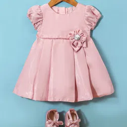 Babyhug  Woven Half Puffed Sleeves Fit & Flared Party Frock with Booties  Floral Applique - Beige-picture-10