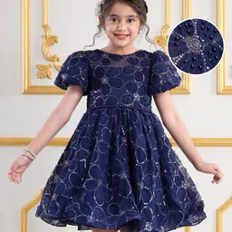 Mark & Mia Woven Half Puff Sleeves Party Frock With Floral & Sequin Embroidery & Beads Detailing - Navy Blue-image-51