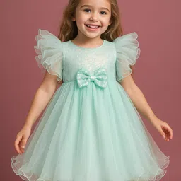 Babyhug Woven Frill Sleeves Party Dress With Sequinned Yoke & Bow Applique - Mint Green-picture-29