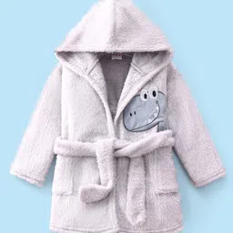 Babyhug Velour Knit Full Sleeves Hooded Bath Robe With Dino Patch - Grey-picture-26