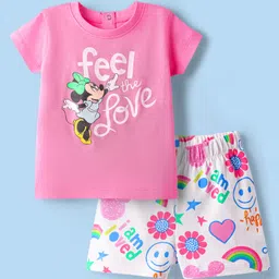 Babyhug Disney Single Jersey Knit Half Sleeves Shorts Night Suit with Minnie Mouse Graphics - Pink-picture-25