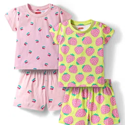 Babyhug Cotton Knit Half Sleeves Co-ords Shorts Night Wear With Fruit Print Pack Of 2 - Purple & Pink-picture-18