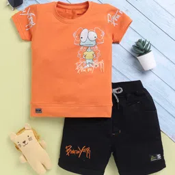 TOONYPORT Cotton Knit Half Sleeves Frog Printed Tee & Shorts Set - Orange & Black-picture-28