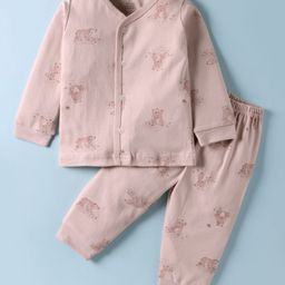 Zero Interlock Knit Full Sleeves Front Open Co-Ord Night Suit With Teddy Print - Pink-picture-26