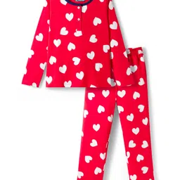 Pine Kids Cotton Knit Full Sleeves Night Suit With Heart Print - Red-picture-12