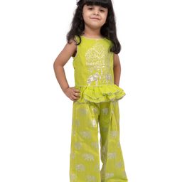 Twisha Chanderi Woven Full Sleeves Elephant Foil Printed Coordinating Top & Palazzo Set - Lime Green-picture-1