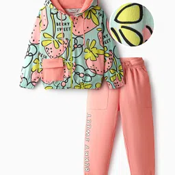 OLLINGTON ST. Cotton Knit Full Sleeves Floral Printed With Zipper Hooded Sweatshirt & Joggers Set - Light Blue & Pink-picture-15