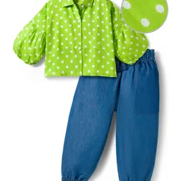 OLLINGTON ST. Viscose Woven Half Sleeves Polka Dot Printed Top & Denim Pant - Green & Blue-picture-19