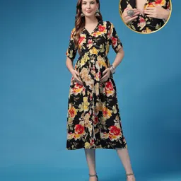 Zelena Rayon Woven Half Sleeves Floral Printed Maternity Dress With Front Open Nursing Access - Black-picture-14