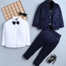 Fourfolds Woven Full Sleeves Sequins Embellished Striped 3 Piece Party Suit Set With Bow - Navy Blue-picture-13