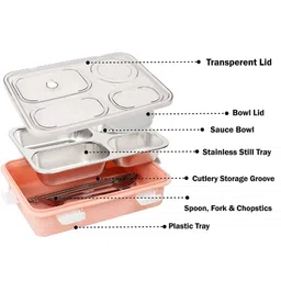 FUNVERSE Lunch Box for Adults Lunch Box for Kids Stainless Steel Lunch Box with Fork,Chopstick & Spoon Lid Office Food Container 4 Compartment for Kids & Adults (Pink)(1.3Ltr) image 2